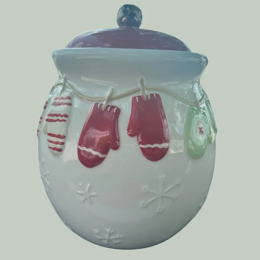 VTG Hallmark Christmas Cookie Jar Ceramic Mittens Red Jingle Bell Lid 1990s